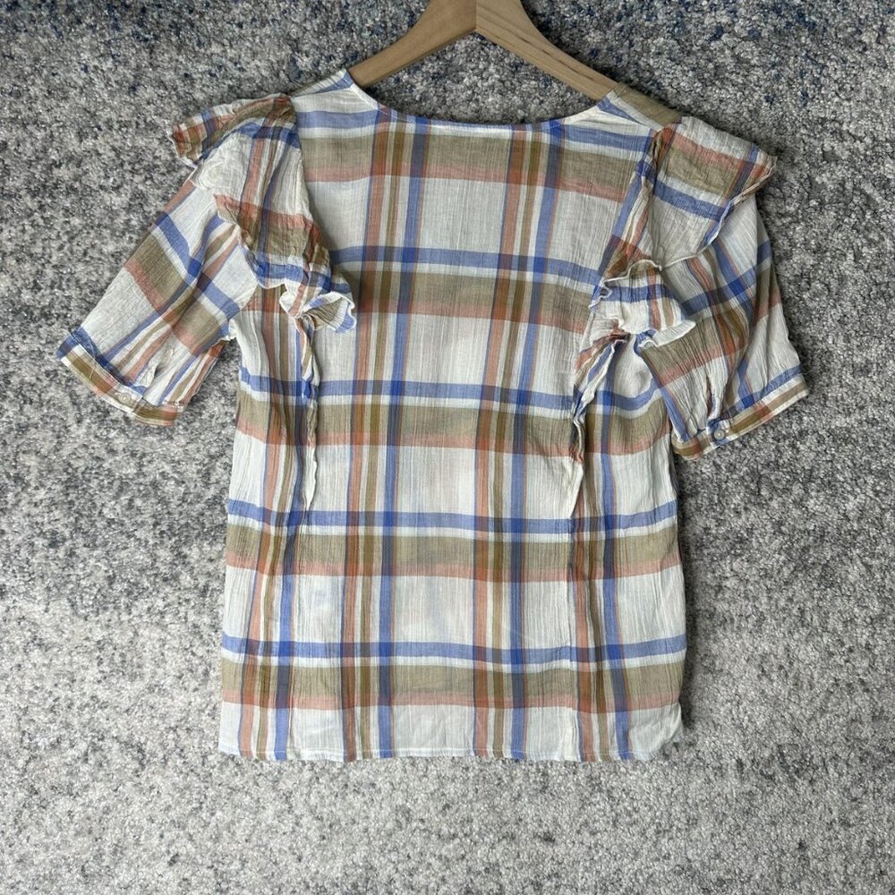 Madewell Shirt‎ Womens Small Multicolor Plaid V Neck Ruffle Short Sleeve Gauze - Picture 6 of 6